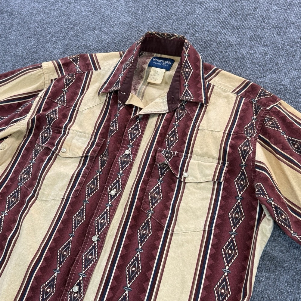 Vintage Wrangler Western Shirt Red Beige Diamond Stripe Mens Size Large